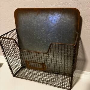 Vintage Industrial Wire Wall Basket with Galvanized Metal Backing